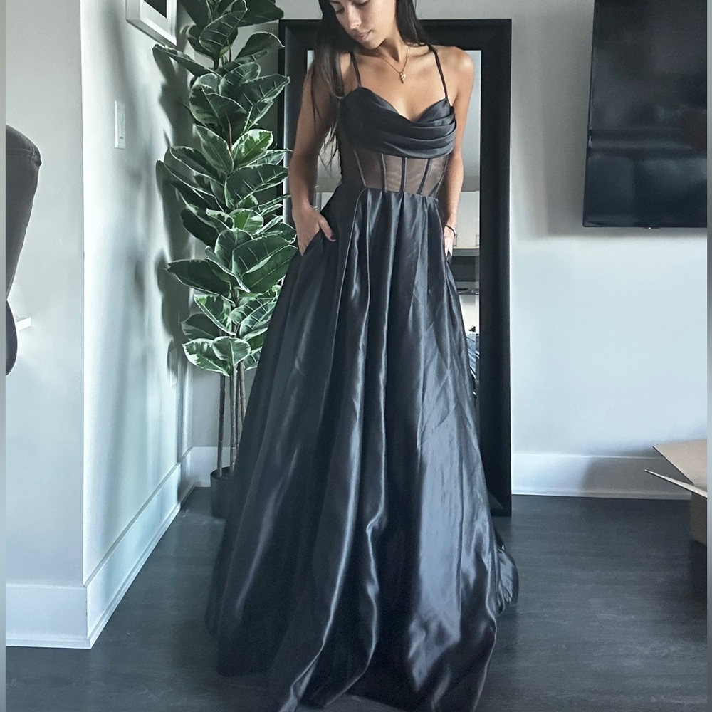 Draped Cowl Sheer Corset Satin Ball Gown